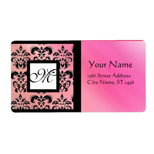 FUCHSIA BLACK PINK SILK DAMASK, SQUARE MONOGRAM ETIKET (Voorkant)