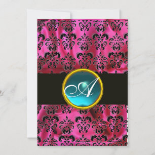 FUCHSIA BLACK SILK DAMASK BLUE GEM MONOGRAM KAART