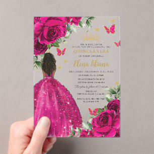 Fuchsia Bloemen Bruin Prinses Quinceañera Sweet 16 Acryl Uitnodigingen