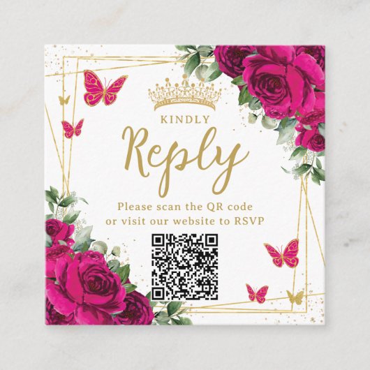 Fuchsia Bloemenvlinders Quinceanera RSVP QR Informatiekaartje (Voorkant)