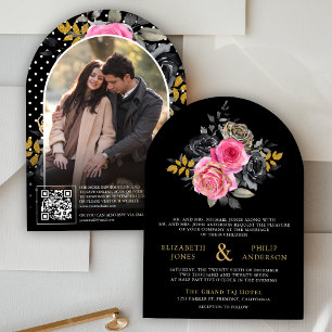Fuchsia Bloemrozen QR Code Foto Zwarte Bruiloft Kaart