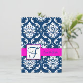Fuchsia Blue Damask Enregistrer la carte Date (Debout devant)