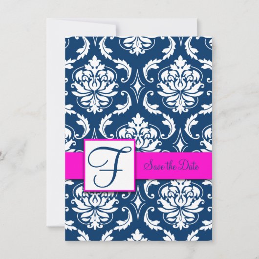Fuchsia Blue Damask Save the Date Card (Voorkant)