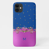 Fuchsia Blue en Gold Jeweled Monogrammed Case-Mate iPhone Case (Achterkant)
