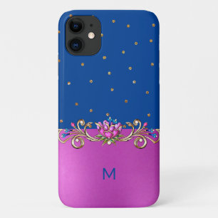 Fuchsia Blue en Gold Jeweled Monogrammed iPhone 11 Hoesje