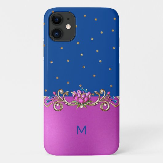 Fuchsia Blue en Gold Jeweled Monogrammed Case-Mate iPhone Case (Achterkant)
