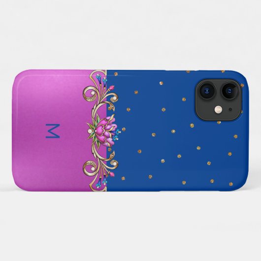 Fuchsia Blue en Gold Jeweled Monogrammed Case-Mate iPhone Case (Achterkant (horizontaal))