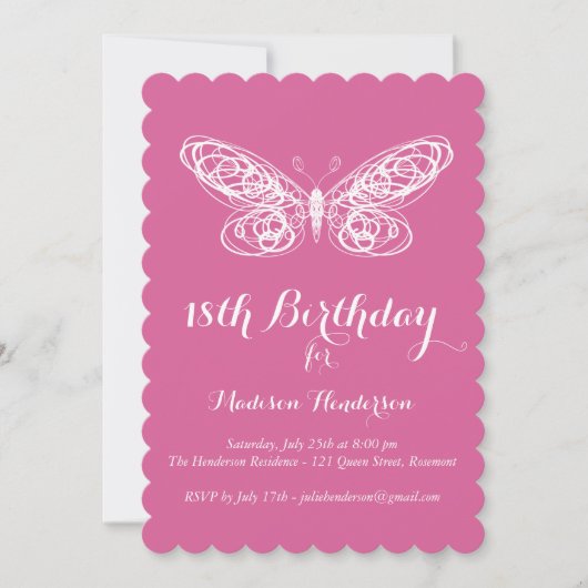 Fuchsia Butterfly 18th Birthday Invitation (Devant)