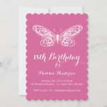 Fuchsia Butterfly 18th Birthday Invitation<br><div class="desc">Un ruban fantaisie et un papillon dessiné à la main accentuent cette invitation d'anniversaire.</div>