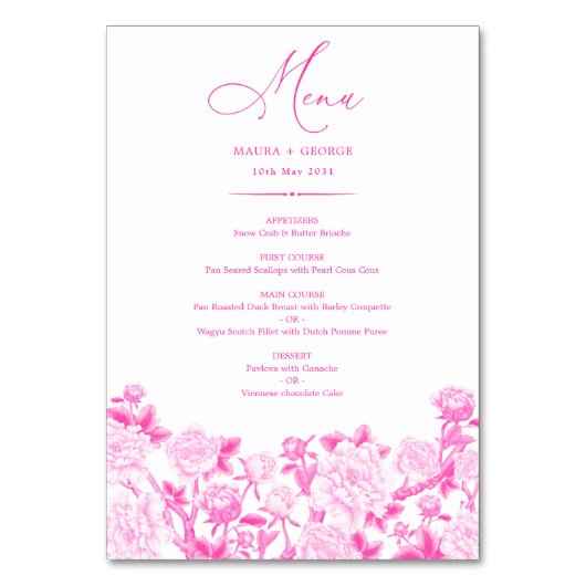 Fuchsia Chinoiserie Menu & Numéro de table (Dos)