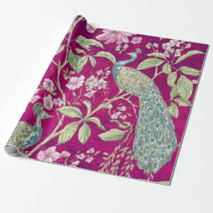 Fuchsia Chinoiserie pauw bloemendecoupage Cadeaupapier