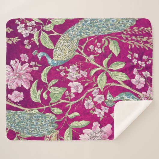 Fuchsia Chinoiserie pauwenbloem Sherpa Deken (Voorkant (horizontaal))