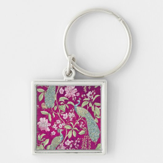 Fuchsia Chinoiserie pauwenbloem Sleutelhanger (Voorkant)