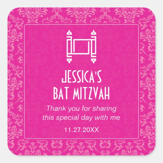 Fuchsia Damask Torah Bat Mitzvah Vierkante Sticker (Voorkant)