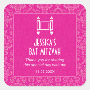 Fuchsia Damask Torah Bat Mitzvah Vierkante Sticker