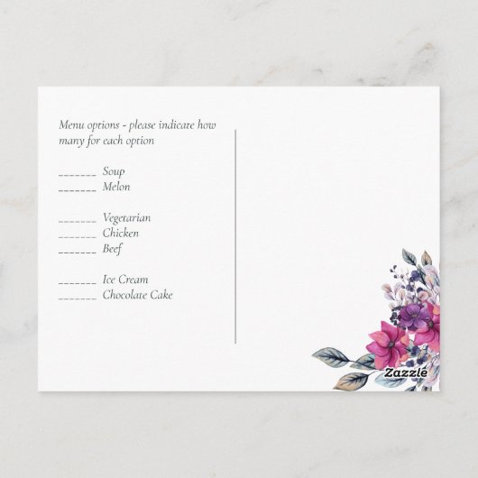 Fuchsia Dreams RSVP-Briefkaart met menuopties Briefkaart (Achterkant)
