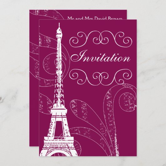 Fuchsia Eiffel Tower trouwuitnodiging Kaart (Voorkant / Achterkant)