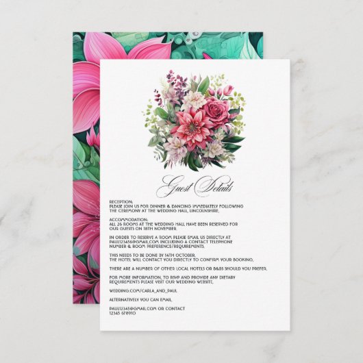 Fuchsia en Emerald Green Wedding Guest Details Informatiekaartje (Voorkant / Achterkant)