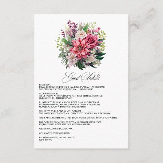 Fuchsia en Emerald Green Wedding Guest Details Informatiekaartje (Voorkant)