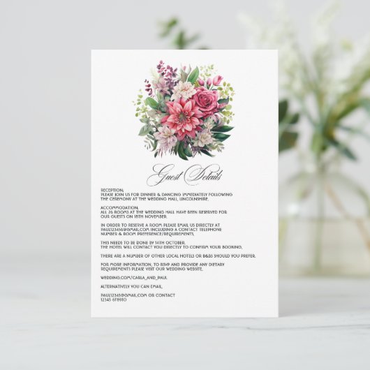 Fuchsia en Emerald Green Wedding Guest Details Informatiekaartje (Staand voorkant)