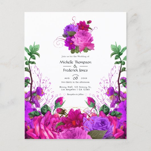  Fuchsia en Paarse Floral Wedding Invite Flyer (Voorkant)