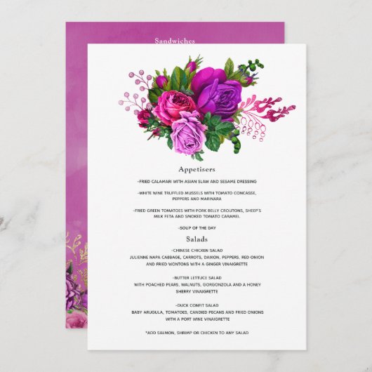  Fuchsia en Paarse Floral Wedding Menu (Voorkant / Achterkant)