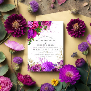  Fuchsia en Paarse Shabby Floral Wedding Kaart