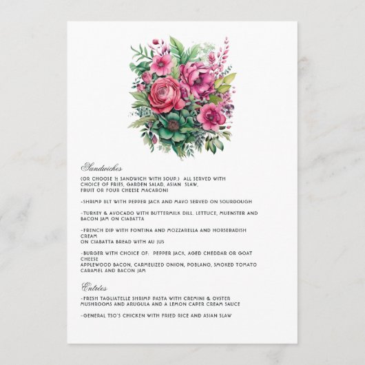 Fuchsia en smaragdgroene bloemen bruiloft menu (Achterkant)