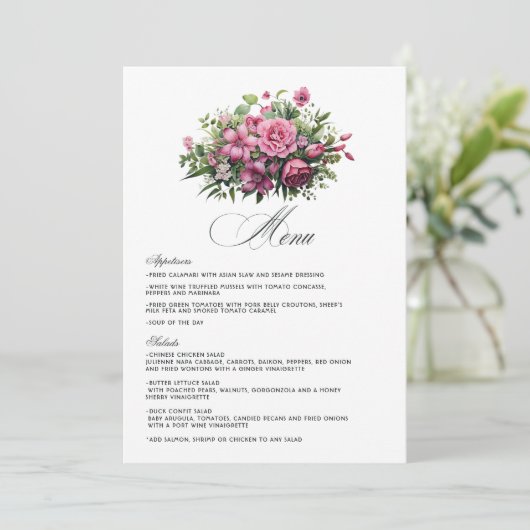 Fuchsia en smaragdgroene bloemen bruiloft menu (Staand voorkant)
