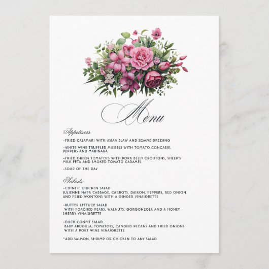 Fuchsia en smaragdgroene bloemen bruiloft menu (Voorkant)