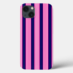Fuchsia en white vijf strepen patroon met blauw iPhone 13 hoesje