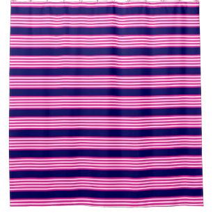 Fuchsia en white vijf strepen patroon met blauw douchegordijn