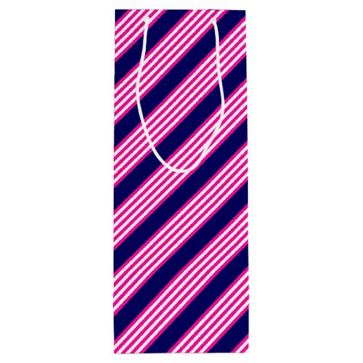Fuchsia en white vijf strepen patroon met blauw wijn cadeautas (Achterkant)