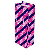 Fuchsia en white vijf strepen patroon met blauw wijn cadeautas (Voorkant Gekanteld)