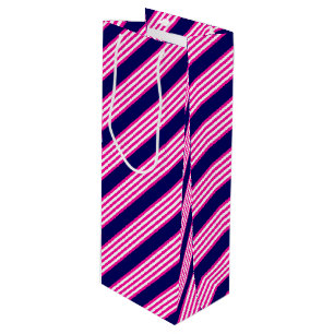 Fuchsia en white vijf strepen patroon met blauw wijn cadeautas