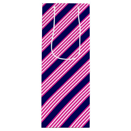 Fuchsia en white vijf strepen patroon met blauw wijn cadeautas (Voorkant)