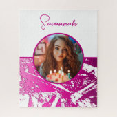 Fuchsia en Witte Aangepaste Foto met Naam Legpuzzel (Verticaal)