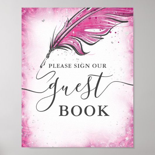 Fuchsia en zilver gastenboek tafelblad teken poster (Voorkant)