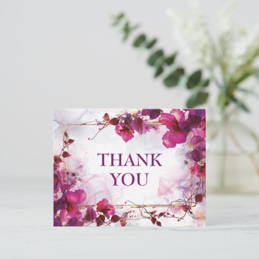 Fuchsia Enchantment: Waterverf bruiloft Bedankkaart (Staand voorkant)