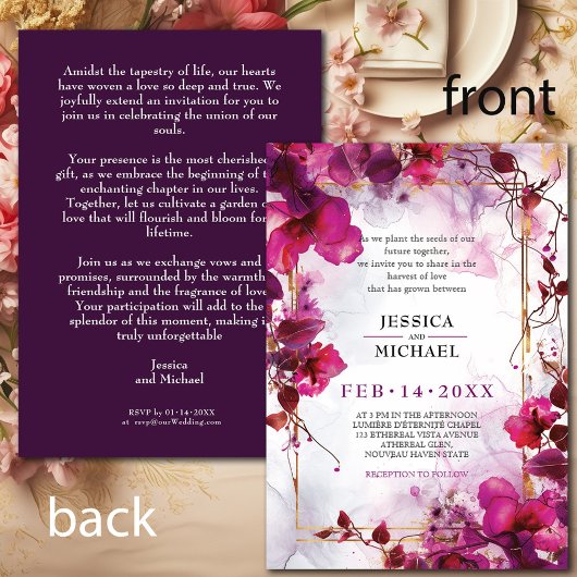 Fuchsia Enchantment: Waterverf bruiloft Kaart