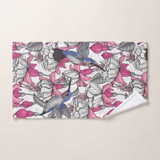 Fuchsia et colibris blancs (Serviette à main)