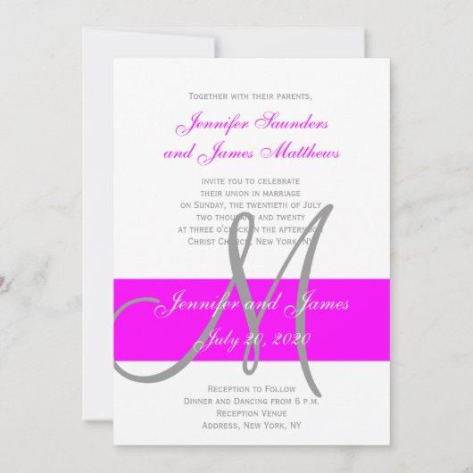 Fuchsia et Grey Faire-part de mariage moderne (Dos)
