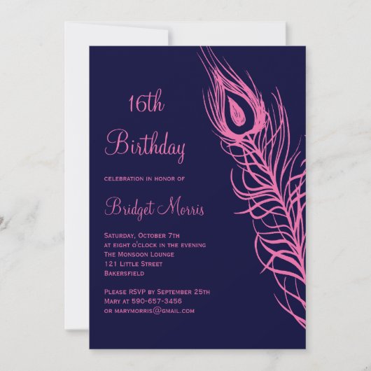 Fuchsia Feathers Sweet 16 Anniversaire Invitation (Devant)