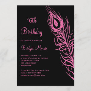 Fuchsia Feathers Sweet 16 Birthday Invitation Kaart