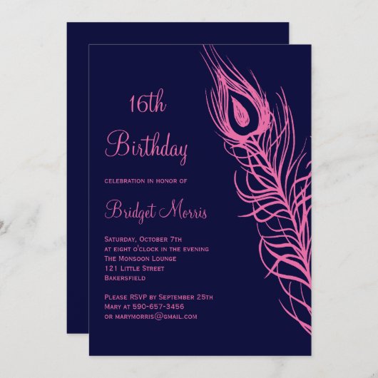 Fuchsia Feathers Sweet 16 Verjaardag uitnodiging (Voorkant / Achterkant)