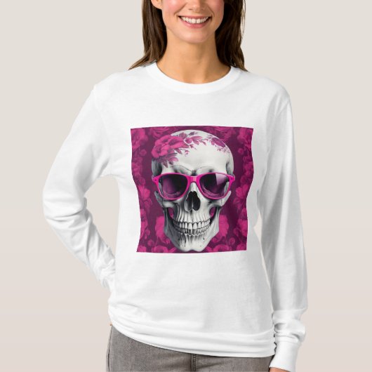 Fuchsia Floral 3D Dode schedel met zonnebril T-shirt (Voorkant)