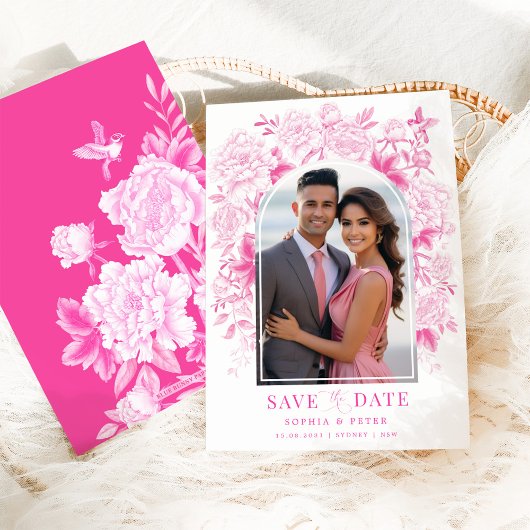 Fuchsia Floral Chinoiserie Bruiloft Save the Date Kaart