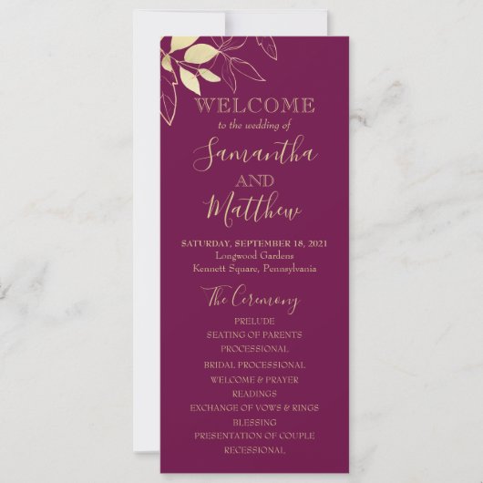 Fuchsia & Gold Foliage Programme de mariage botani (Devant)