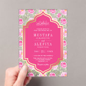 Fuchsia Gold Pink Floral Pattern Muslim Wedding Acryl Uitnodigingen (Insitu (Draagbaar))