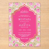 Fuchsia Gold Pink Floral Pattern Muslim Wedding Acryl Uitnodigingen (Voorkant)